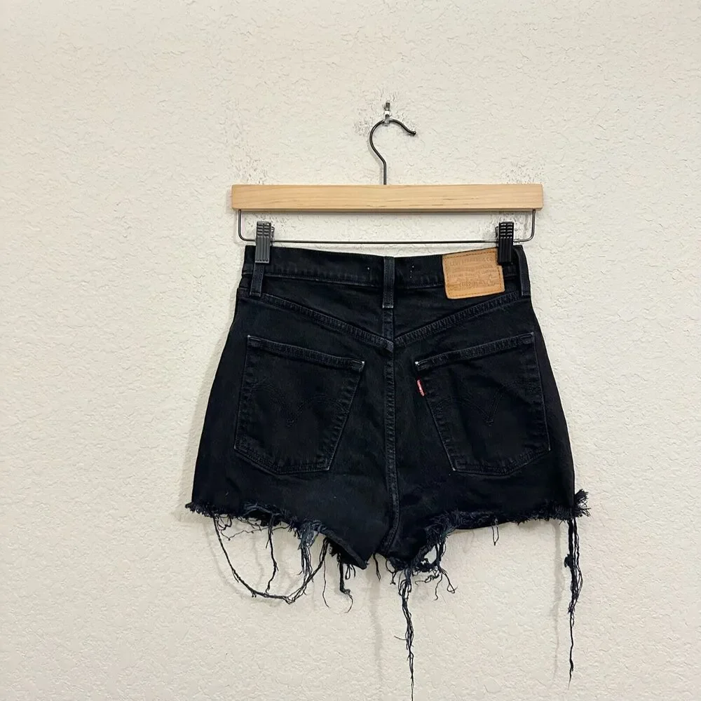 LEVI'S Ribcage Shorts Black Denim High Rise Cut Off Frayed Gothic
